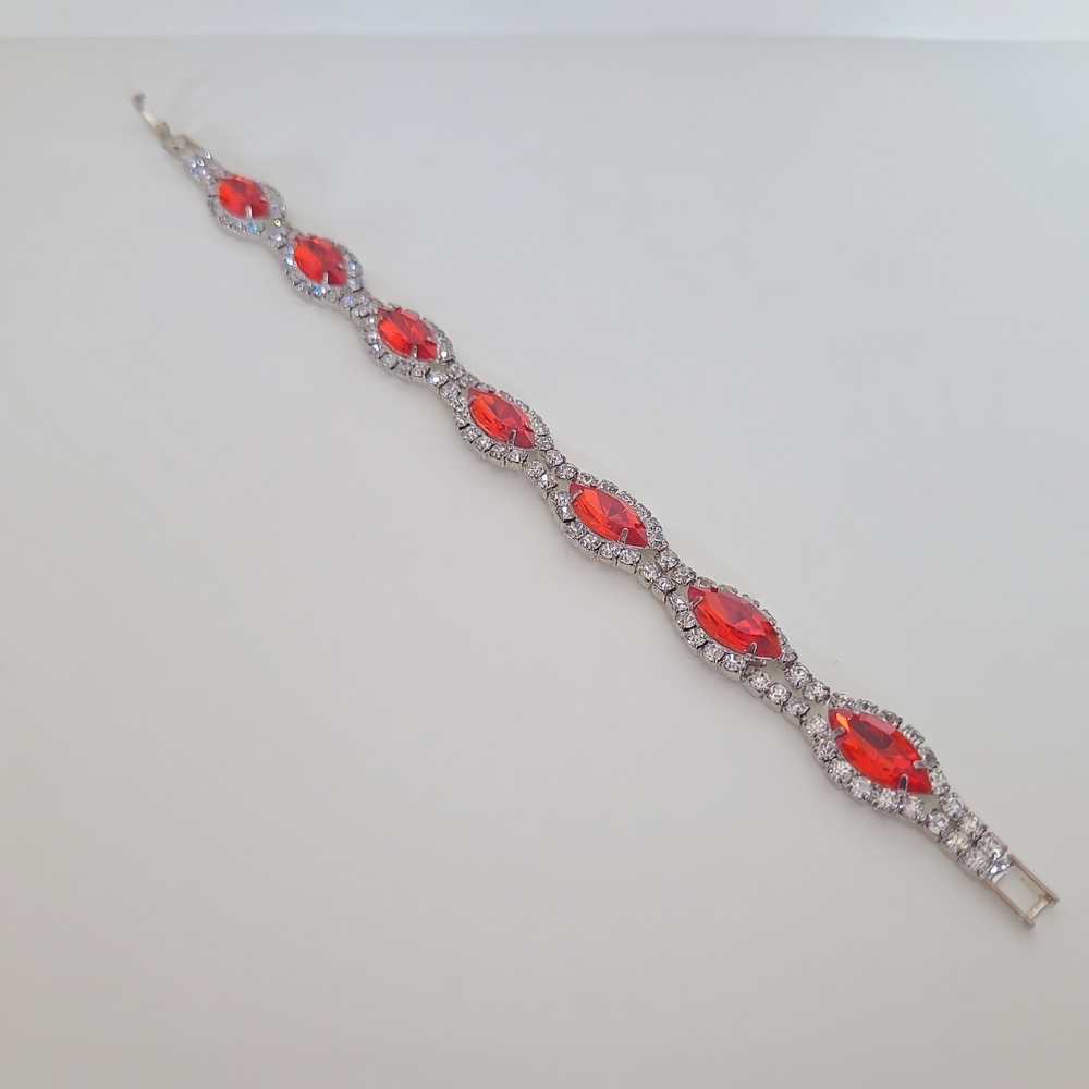 Red Marquise Rhinestone Tennis Bracelet Silver Tone Statement Vintage Style - Picture 3 of 9